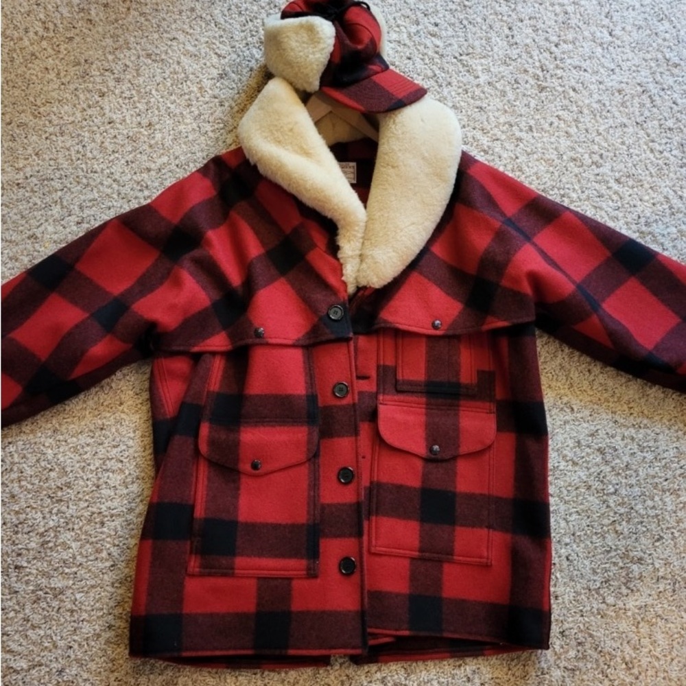 Like New Filson Men’s Buffalo Plaid 100% Wool Coat & Hat (selling as one lot)